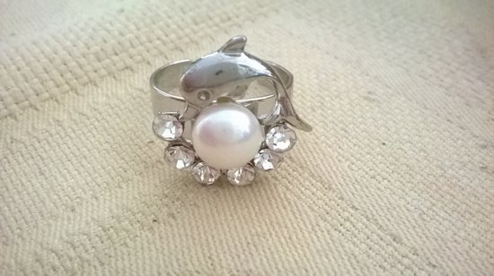 Gemstones-silver ring 925-verzilverd met dolfijn + parel + zirkonia 19 mm en verstelbaar