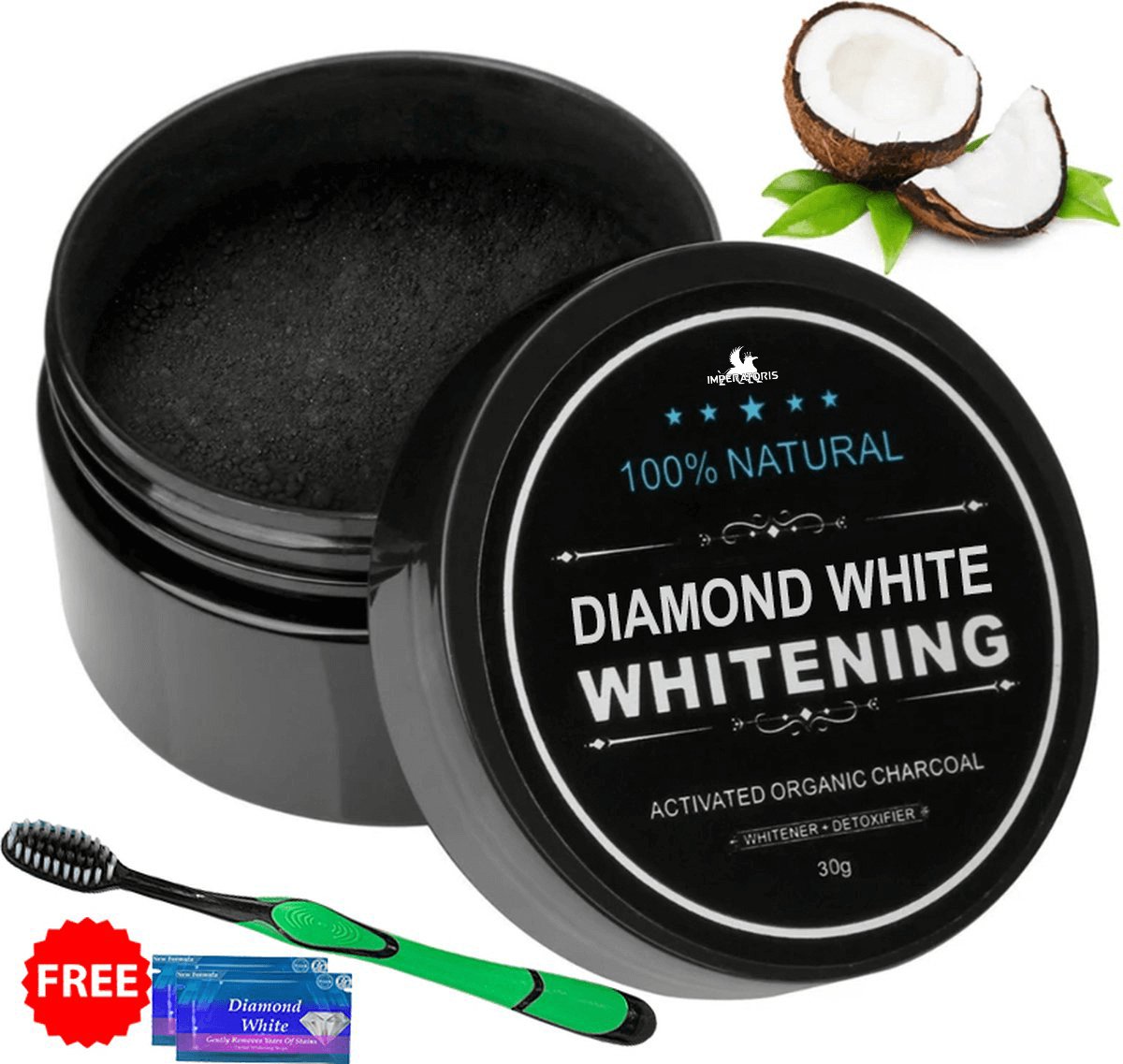 Diamond White | Tanden Bleken/Teeth Whitening Powder/Strips – met Gratis Bleekstrips en Tandenborstel – Tandenbleekset – Tandenblekers - 30g