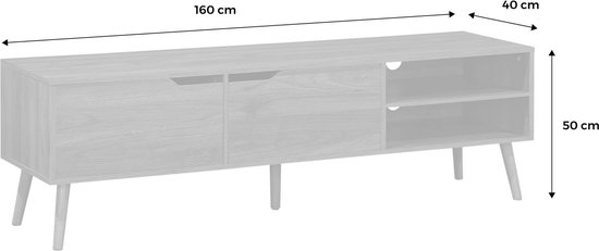 Représentation schématique avec dimensions d'un meuble TV en noyer : 160 x 40 x 50 cm.