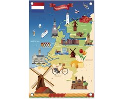 Tuindecoratie Kaart van Nederland met bezienswaardigheden - 40x60 cm - Tuinposter - Tuindoek - Buitenposter