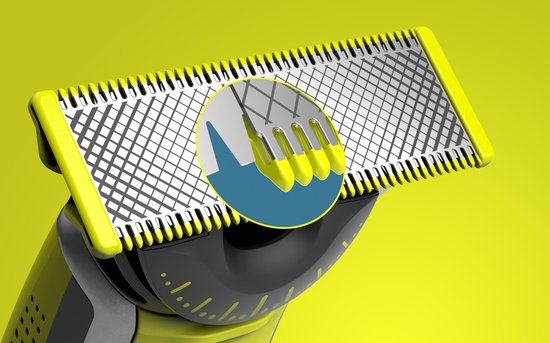 Close-up van het mesje van een groene en zwarte Philips OneBlade met illustratie van scherpe snijbladen.