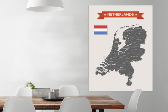 Poster Grijs met witte kaart van Nederland - 90x120 cm