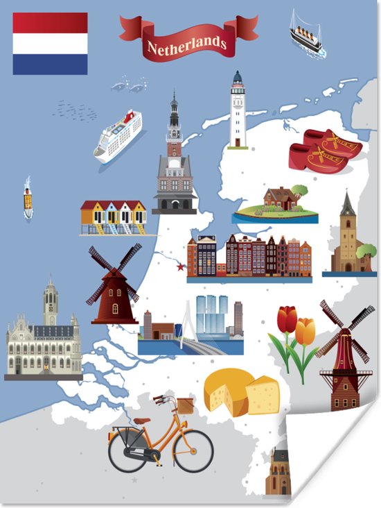 Witte kaart van Nederland 60x80 cm - Foto print op Poster (wanddecoratie  woonkamer /... | bol.com
