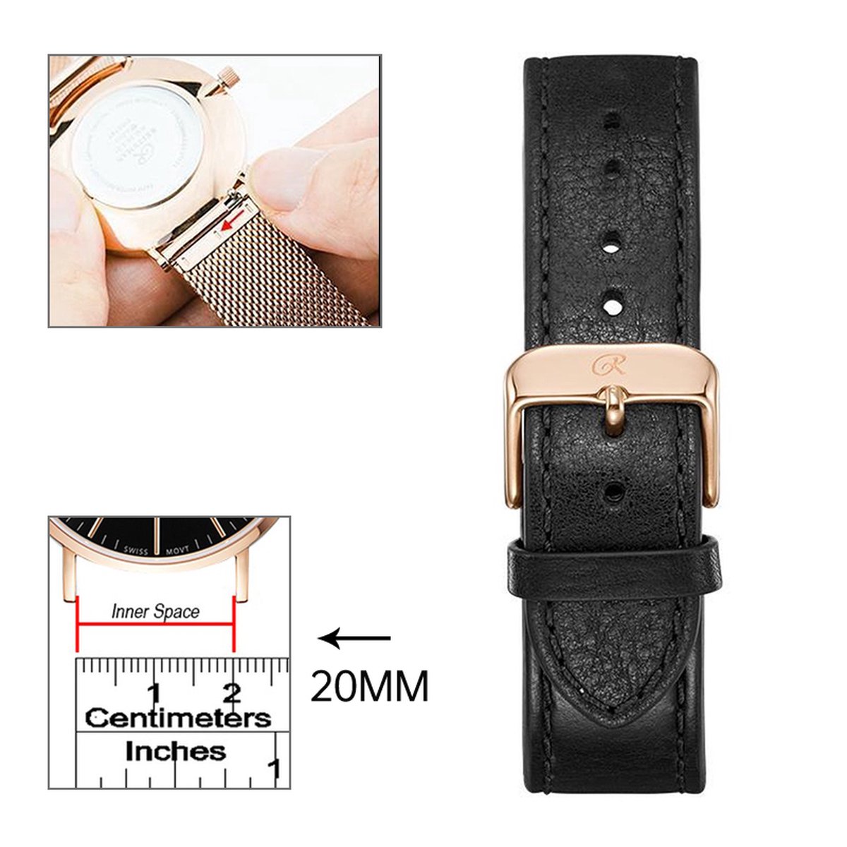 20mm Universele Italian leather Strap Black-goud Zwart - Quick Release - Past op Alle Merken met 20mm Aanzetmaat