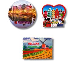 Set d'aimants pour réfrigérateur : Amsterdam, Holland - 3 pièces - Souvenirs typiques des Nederland
