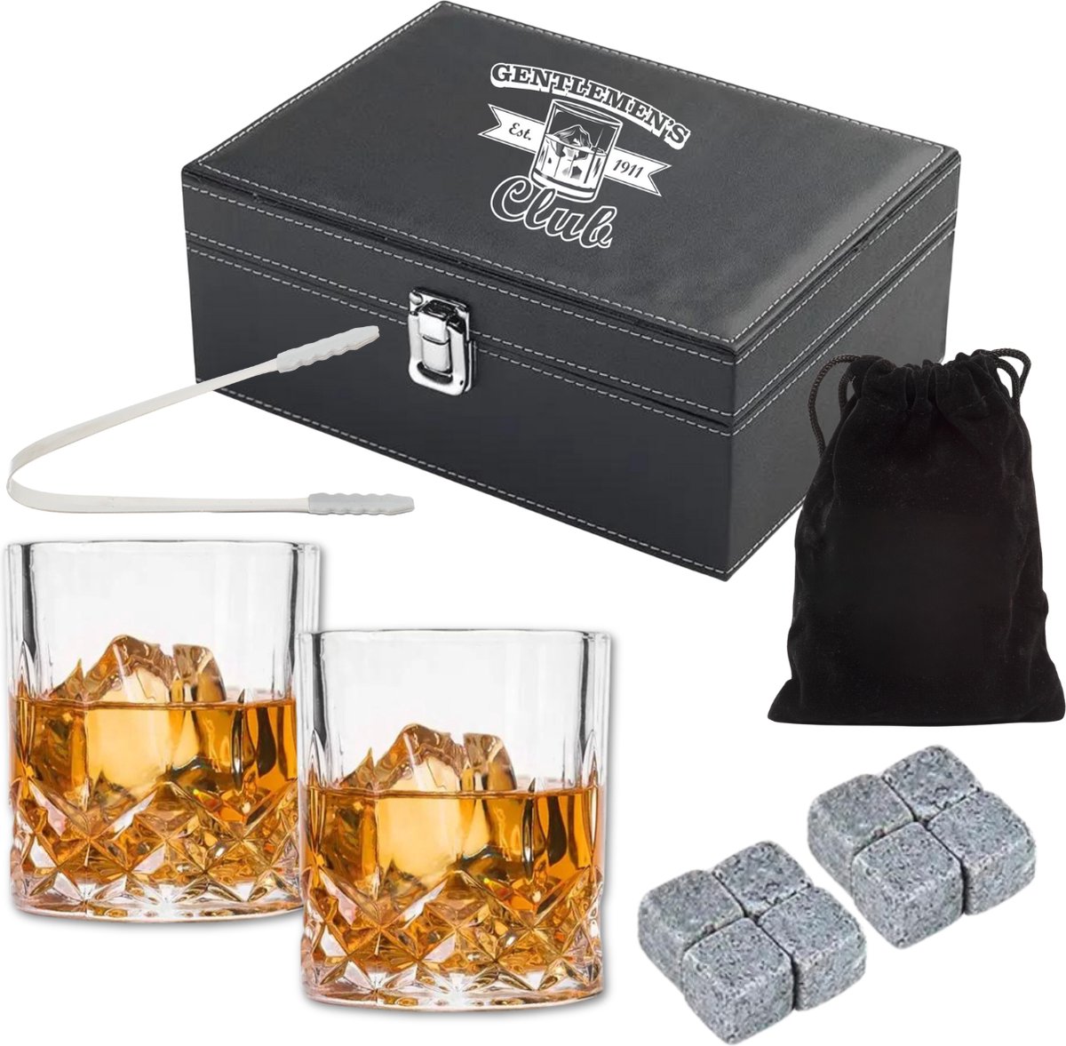 Whiskey Set - 2 Whiskey Glazen - 8 Whiskey Stones - Cadeau - Giftset - PU Leren Kist