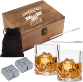 Whiskey Set - 2 Whiskey Glazen - 8 Whiskey Stones - Whiskey Stenen Voor Glazen - Cadeau - Giftset - Houten Kist - vaderdag