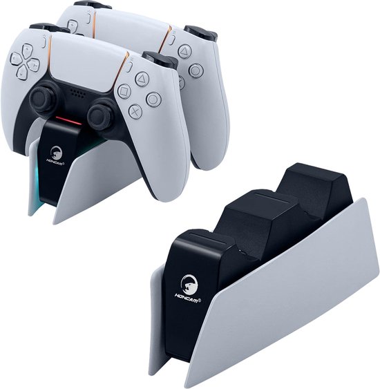 Equivera Geschikt voor Playstation 5 Oplaadstation - Voor 2 controllers - Snellader - Met instelbare LEDlampen - Oplader Controller PS5 - Geschikt voor PS5 Accessoires - Controller PS5 - Playstation 5 Oplaadstation - Oplaadstation PS5 - LED versie