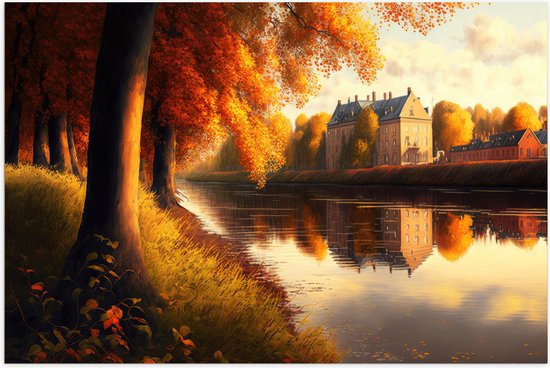 Poster (Mat) - Rivier - Gebouw - Water - Bomen - Herfst - 105x70 cm Foto op Posterpapier met een Matte look