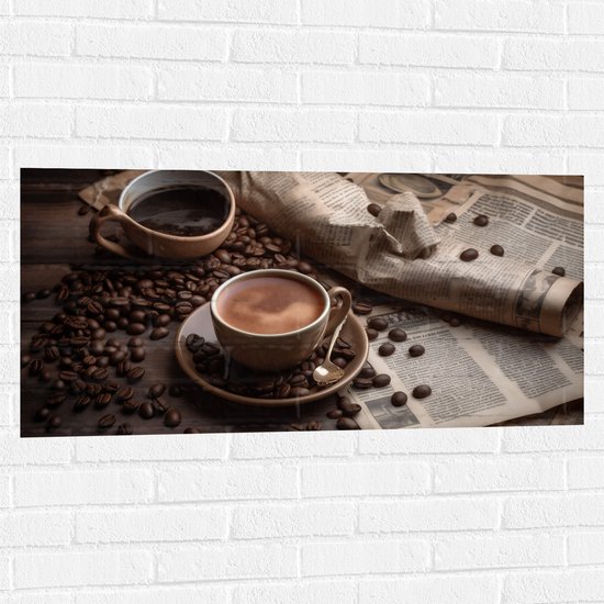 Muursticker - Koffie - Krant - Koffiebonen - Lepel - Kopje - 100x50 cm Foto op Muursticker