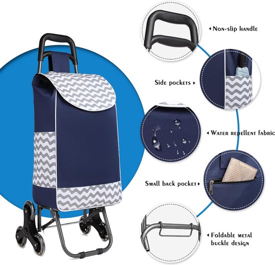 Chariot De Courses Kono Pliable 2-en-1 - 40kg Capacity - Sac Isotherme Amovible - 6 Roues Pour Escaliers