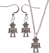 Set - Kinderketting 45cm - Zilverkleurige Oorbellen - Hangertje Robot zilverkleurig 2cm