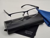 Unisex leesbril +2,0 / Incl. harde brillenkoker, zachte brillenkoker en 2 doekjes / halfbril van metalen halfframe / klassiek donkerblauw montuur met vislijn 0722 / dames en heren leesbril op sterkte / Aland optiek / lunettes de lecture demi-monture