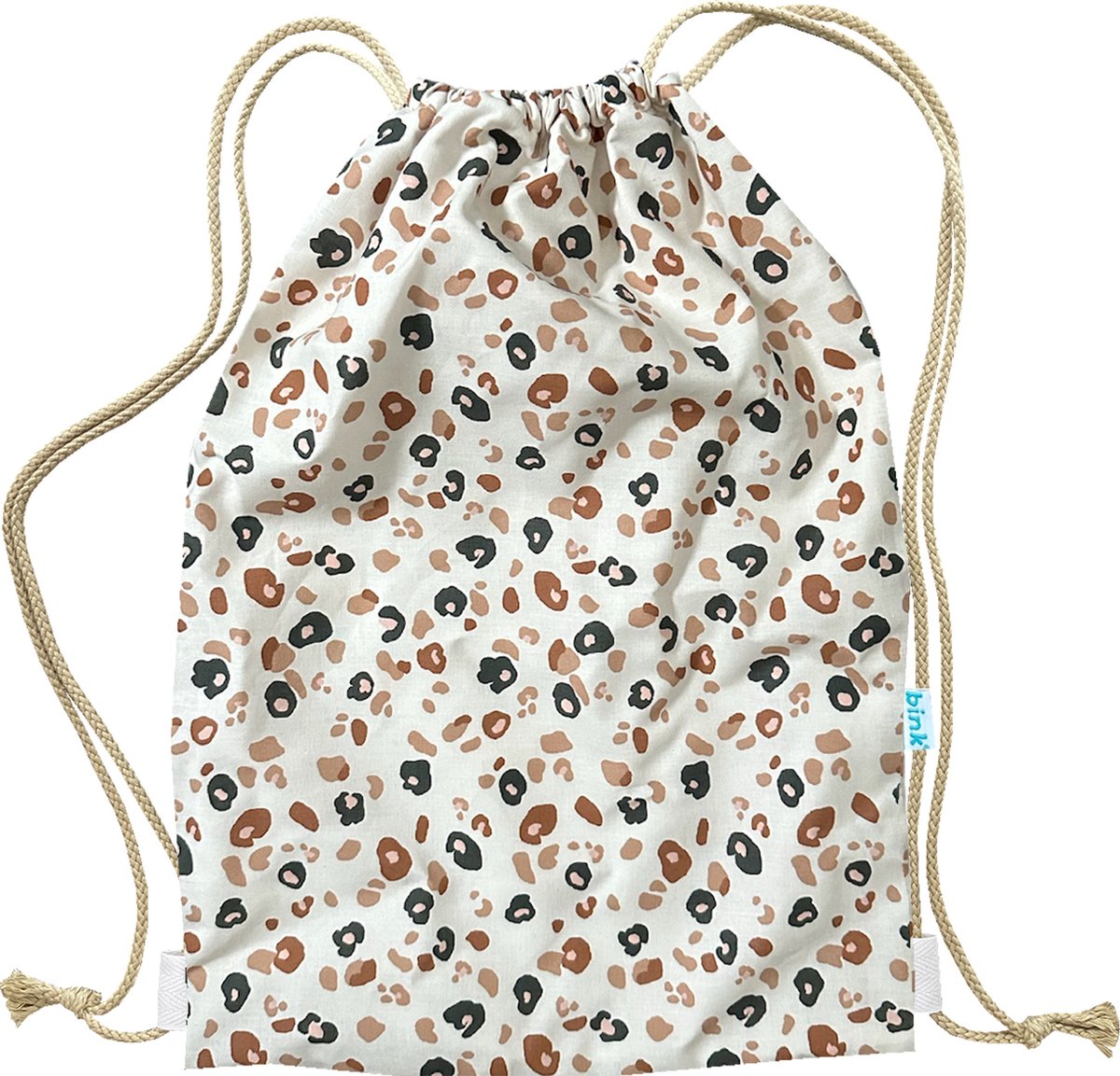 BINK Bedding Gymtas / Zwemtas Leopard 40 x 28 cm - rugtas - peuter - kleuter - leopardprint - wilde dieren - luipaard - panter - dessin - beige - ecru - naturel - zwart