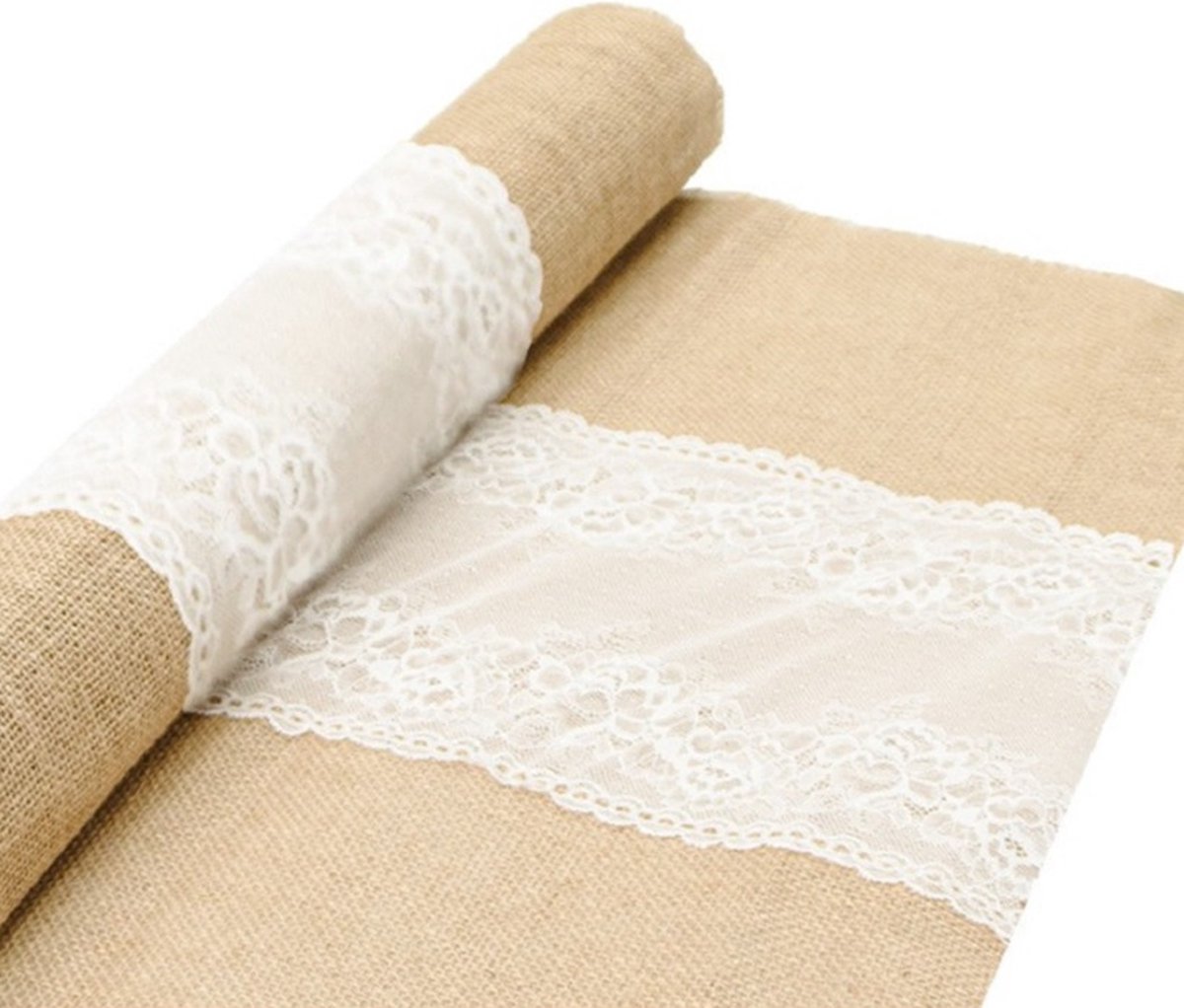 Chaks Jute tafelloper - met wit kant - 60 x 300 cm - extra breed - Tafeldecoratie versieringen