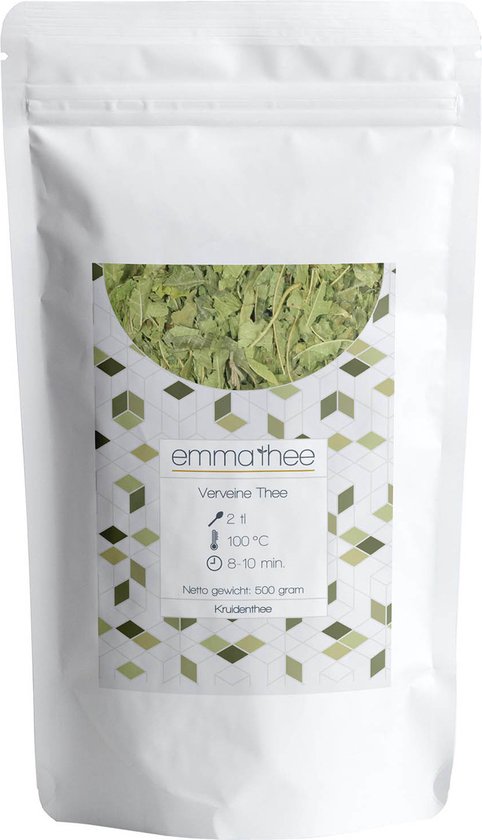 Emma thee, vervelne thee 500 gram. Witte zak met geometrisch patroon en etiket met zetinstructies.