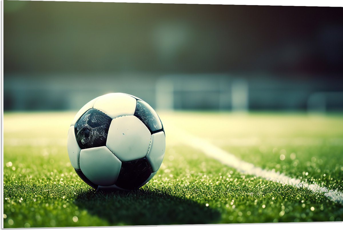 PVC Schuimplaat- Veld - Bal - Voetbal - Lijn - 90x60 cm Foto op PVC Schuimplaat
