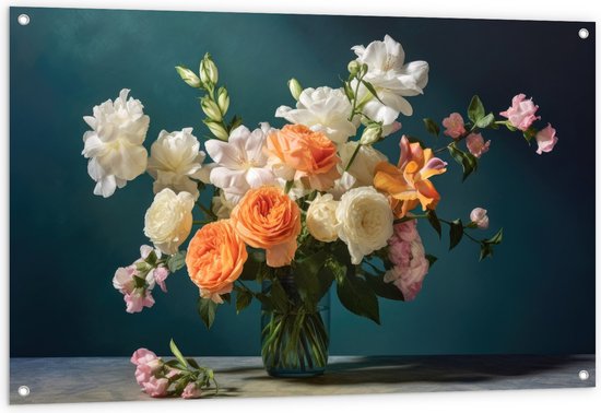 Tuinposter – Vaas - Bloemen - Kleuren - Rozen - Kleuren - 120x80 cm Foto op Tuinposter (wanddecoratie voor buiten en binnen)