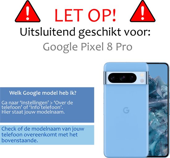 Attentie! Uitsluitend geschikt voor Google Pixel 8 Pro. Lichtblauwe hoes met 'G' logo en telefoon weergegeven.