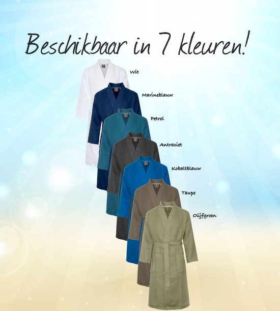 Badjas beschikbaar in 7 kleuren: wit, marineblauw, petrol, antraciet, kobaltblauw, taupe en olijfgroen.