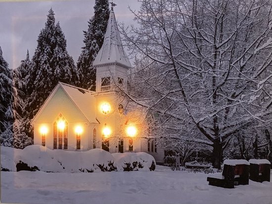 Schilderij met led verlichting - Canvas op houten frame - Witte kerk in de sneeuw - 6 x LED - 40 x 30 cm - Kerstdorp