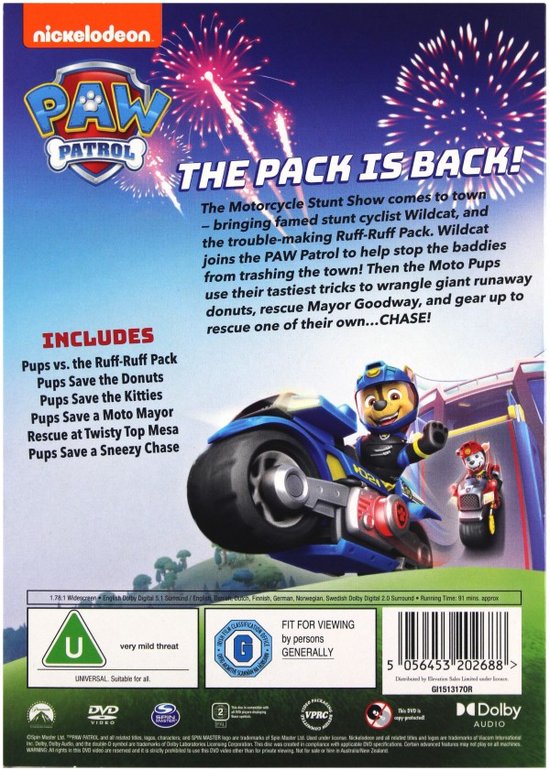Achterkant van de PAW Patrol: Moto Pups dvd, met beschrijving en Chase op een motorfiets.