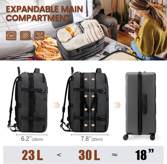 HOMIEE Handbagage reisrugzak uitbreidbare rugzak 38 tot 50 liter, 17,3 inch laptoprugzak heren dames handbagage vliegtuig reistas rugzak grote reistas