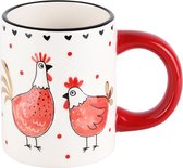 Décoratif | Mug avec poulets, blanc/rouge, céramique, 13x8x10cm | A230561