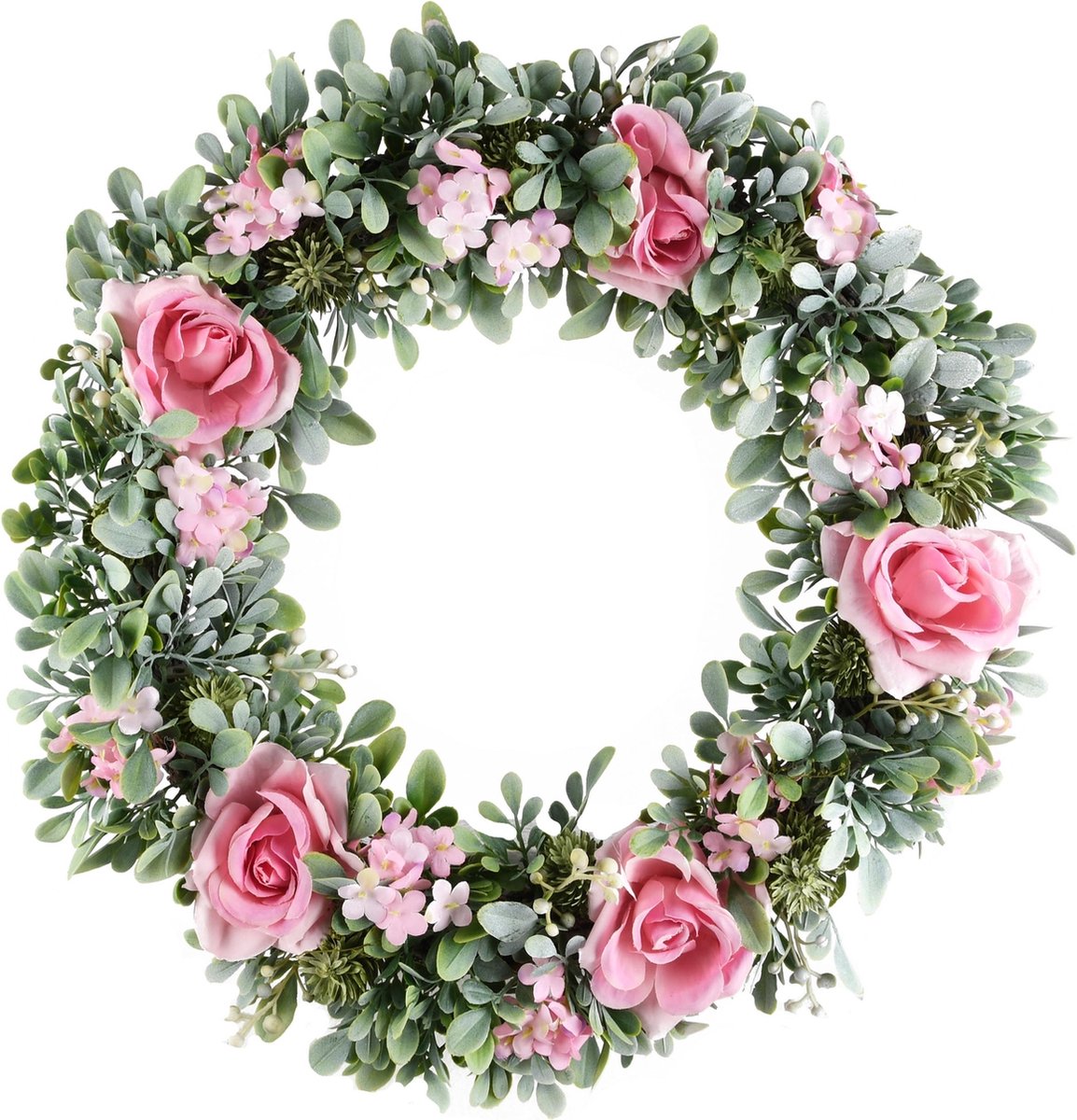 Dekoratief Krans m bloemen groen roze naturel 36x36x6cm A230157