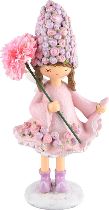 Dekoratief - beeldje van meisje met bloem - roze - 10x8x22 cm