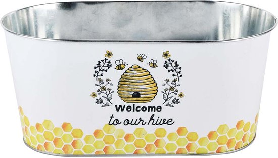 Dekoratief | Bloempot blik 'Welcome to our bee hive', ovaal, 26x14x12cm | A210673