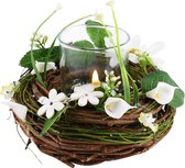 Décoratif | Table ronde avec fleurs blanches, naturel, 15x15x9cm | A220471