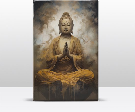 Buddha met gevouwen handen - Mini Laqueprint - 9,6 x 14,7 cm - Niet van echt te onderscheiden handgelakt schilderijtje op hout - Mooier dan een print op canvas. - LWS501