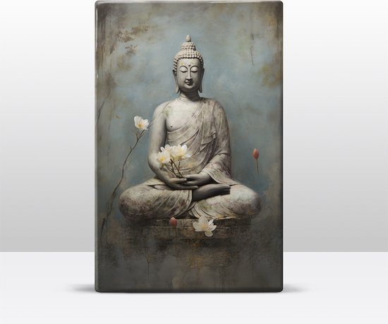 Buddha met bloemen - Laqueprint - 19,5 x 30 cm - Niet van echt te onderscheiden handgelakt schilderijtje op hout - Mooier dan een print op canvas. - LW520