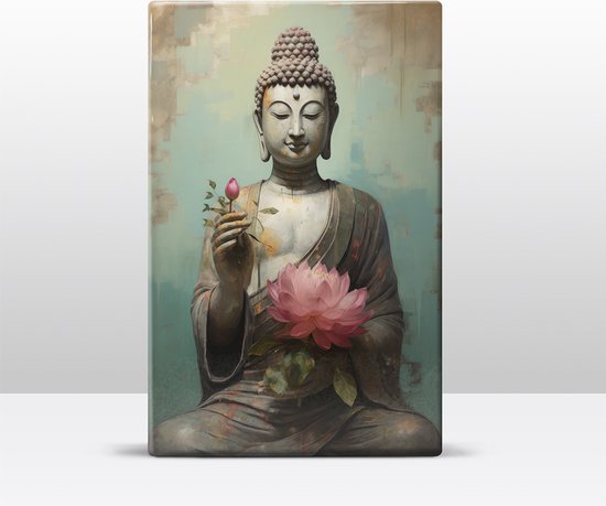 Buddha met bloemen - Laqueprint - 19,5 x 30 cm - Niet van echt te onderscheiden handgelakt schilderijtje op hout - Mooier dan een print op canvas. - LW539