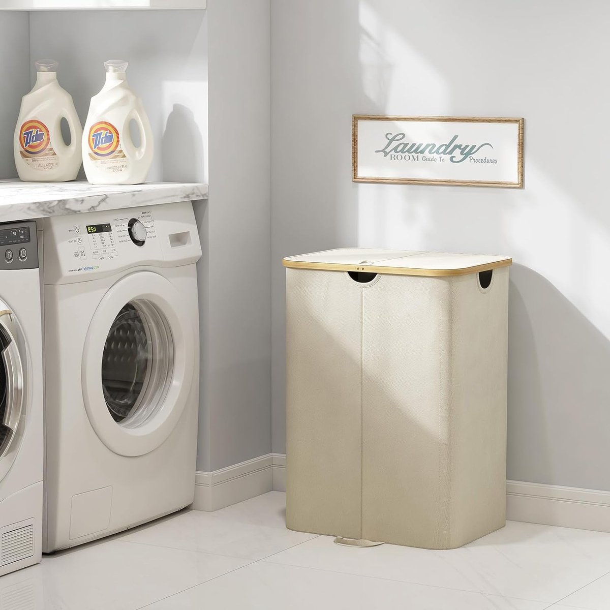 Goedkoopste 150L Wasmand met Deksel, Wasmand met Bamboe Handvatten en Uitneembare Waszak, Grote Opvouwbare Wasmand voor Slaapkamer, Badkamer, Slaapzaal, Waskamer, Beige