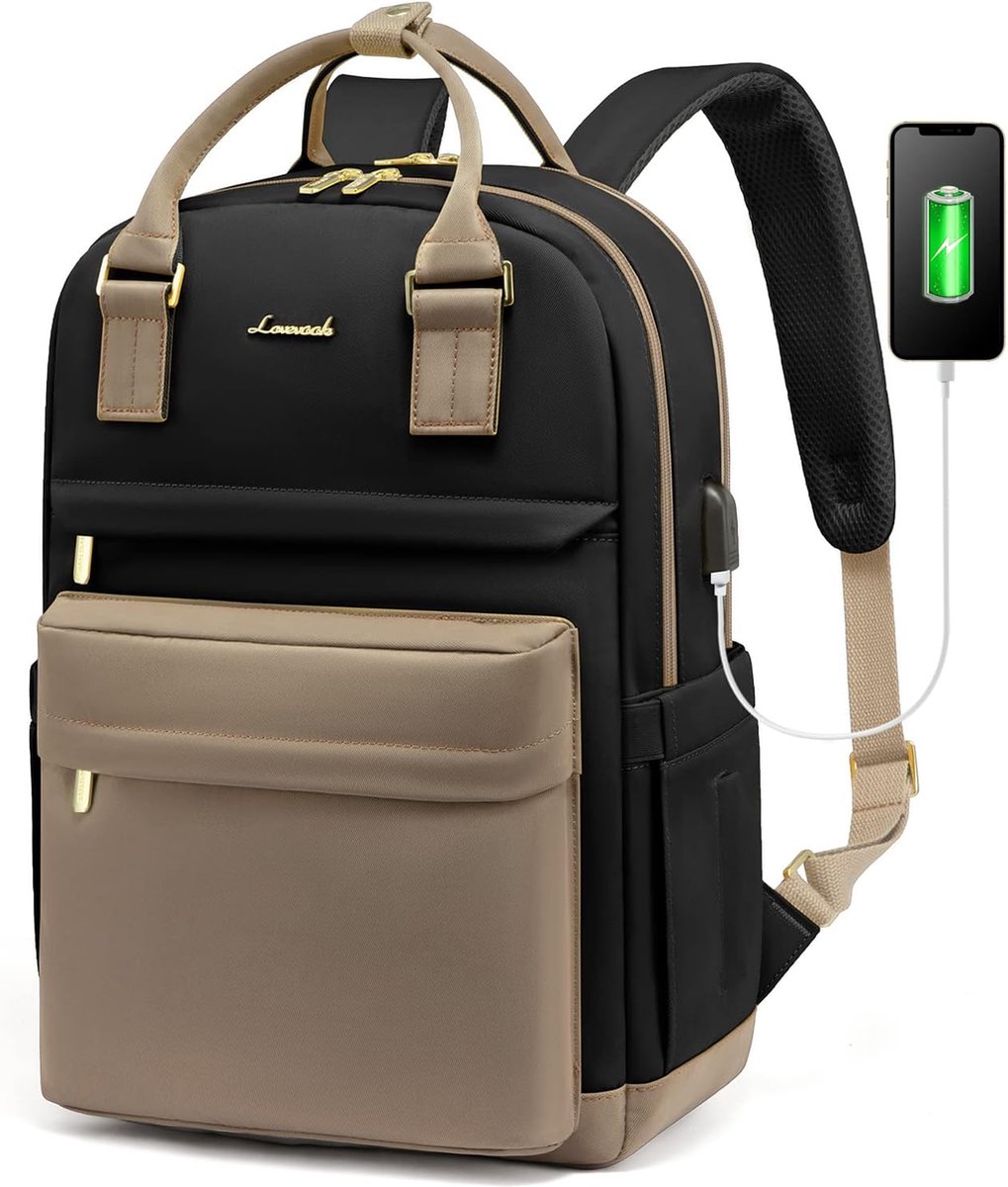 Laptop rugzak 15.6 inch - Zwart/bruin - USB-oplaadpoort - 43 x 29 x 18 - Rugzak met 4 vakken - Werk, school, kantoor - Waterbestendig