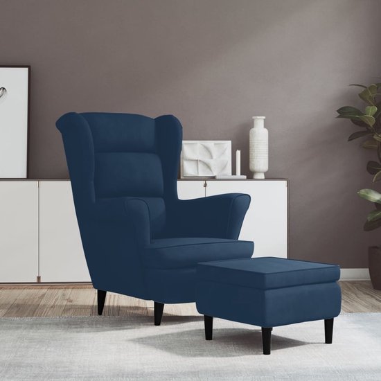 The Living Store Relaxstoel Velvet - Blauw - Armstoel 81x90x96.5cm + Voetenbank 55x54.5x42cm - Multiplex/Rubberwood