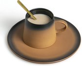 Tasses à Cappuccino avec soucoupe assortie et cuillère dorée, tasse à café 180 ml pour usage quotidien et bureau (jaune)