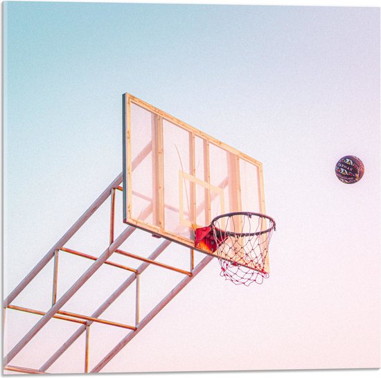 Acrylglas - Bal Vallend in Basket onder Blauwe Lucht - 50x50 cm Foto op Acrylglas (Met Ophangsysteem)