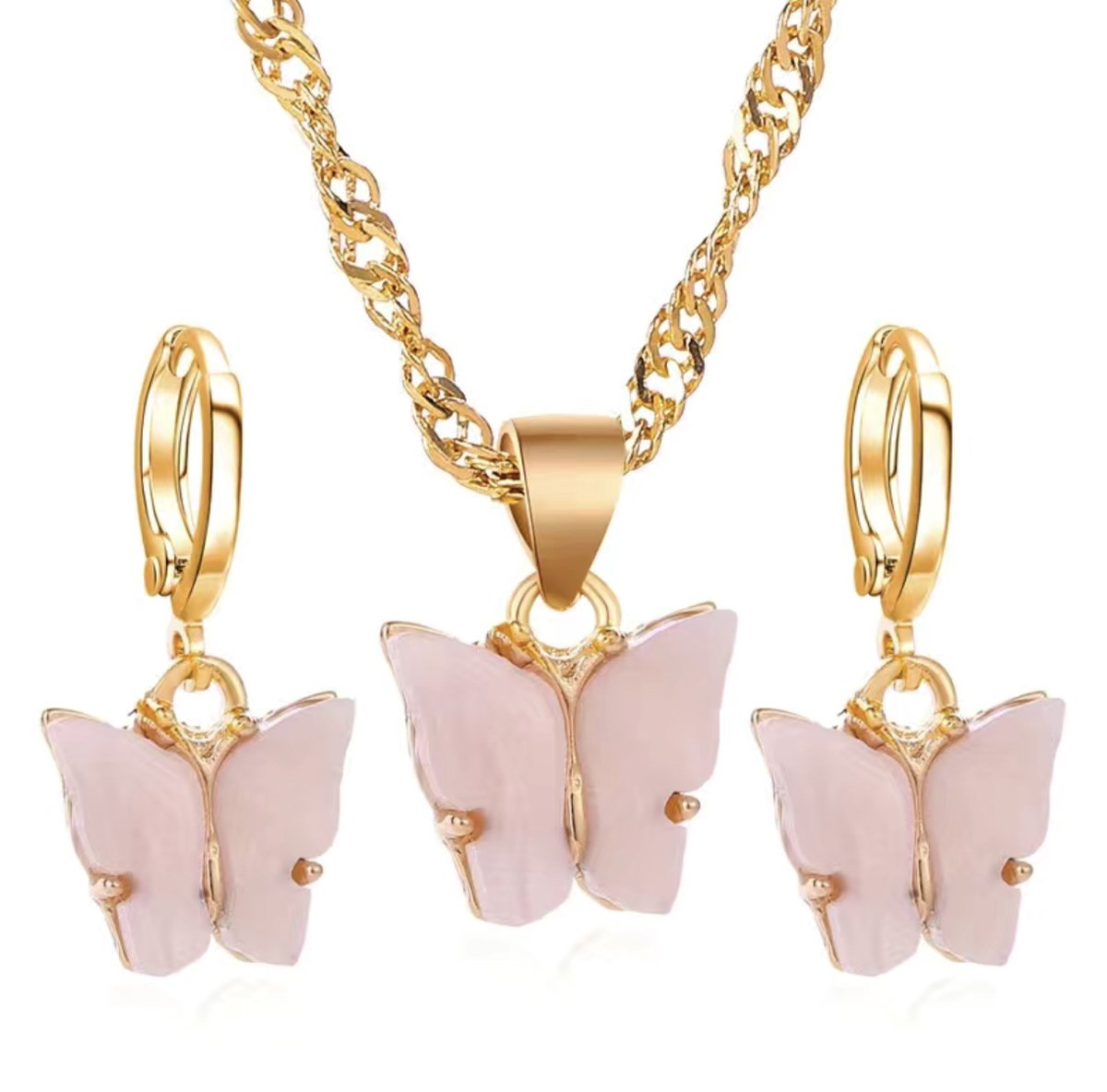 Beads by Chantal - vlinder oorbellen & vlinder ketting - roze - ring oorbellen - vlinder acryl