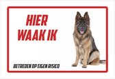 Waakbord/ bord | "Hier waak ik" | 30 x 20 cm | Duitse Herder | Herdershond | Dikte: 1 mm | Donkere snuit | Waakhond | Hond | Chien | Dog | Betreden op eigen risico | Mijn huisdier | Polystyreen | Rechthoek | Witte achtergrond | 1 stuk