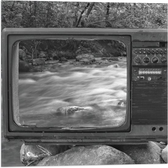 Vlag - Oude Vintage Televisie met Doorkijk op Rivier (Zwart-wit) - 50x50 cm Foto op Polyester Vlag