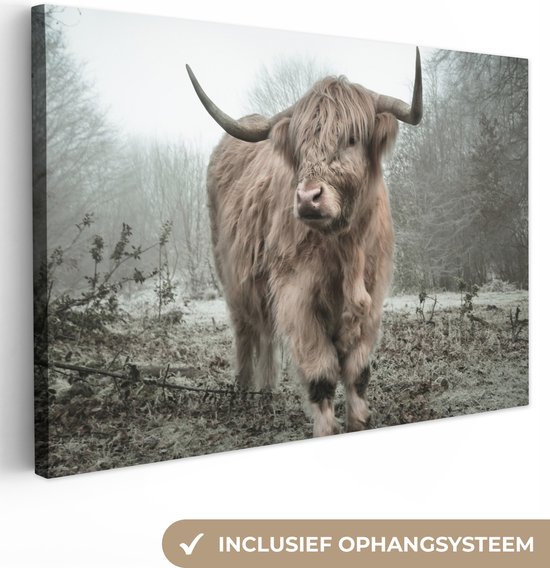 OneMillionCanvasses - Muurdecoratie - Schotse hooglander - Natuur - Herfst - Bos - 30x20 cm - Woonkamer - Slaapkamer - Canvas schilderij koe