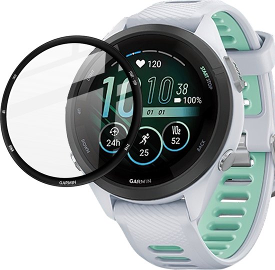 Screenprotector boven een Garmin Forerunner smartwatch met wit-groene bandjes.