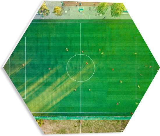 PVC Schuimplaat Hexagon - Bovenaanzicht van Voetballers op Voetbakveld - 40x34.8 cm Foto op Hexagon (Met Ophangsysteem)