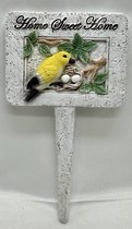 Polyresin deco tuinsteker met dierfiguur "home sweet home" - gele vogel - Hoogte 19 x 12 x 1 cm - Woonaccessoires - Woondecoratie - Tuinaccessoires - Tuindecoratie