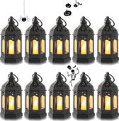 Set van 10 mini-lantaarns, decoratie, zwart, tafeldecoratie, kleine lantaarn om op te hangen, met led-kaarsen voor Halloween, Ramadan, tuin, Kerstmis, bruiloft, balkon
