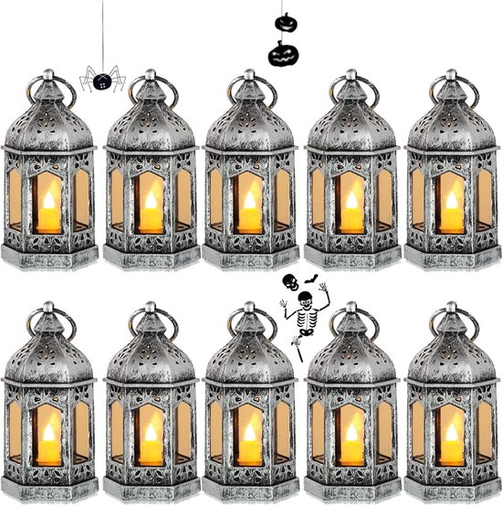 Set van 10 mini-lantaarns, decoratie, zilver, tafeldecoratie, kleine lantaarns om op te hangen, met led-kaarsen voor Halloween, bruiloft, Kerstmis, batterijen inbegrepen