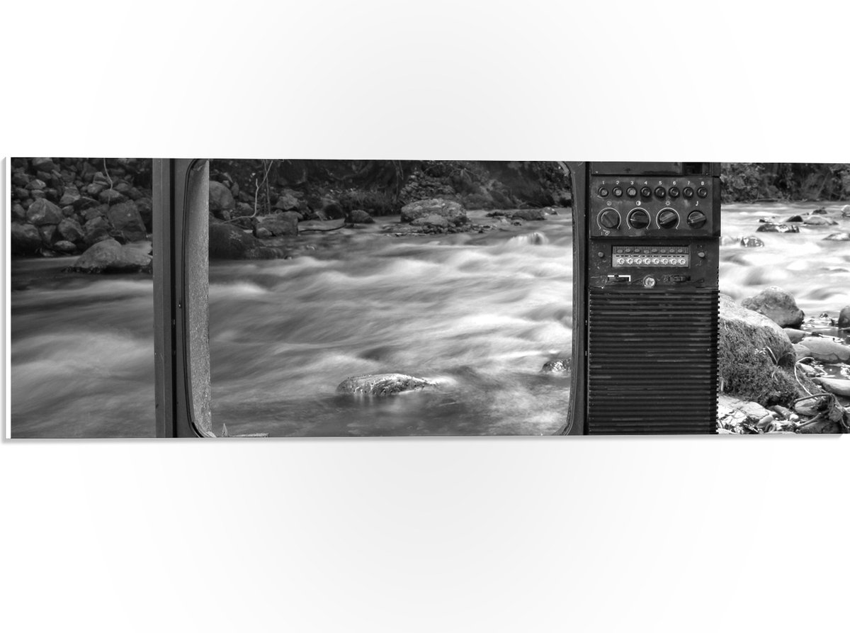 PVC Schuimplaat - Oude Vintage Televisie met Doorkijk op Rivier (Zwart-wit) - 60x20 cm Foto op PVC Schuimplaat (Met Ophangsysteem)
